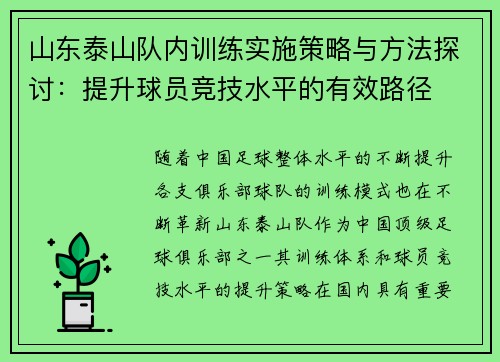 山东泰山队内训练实施策略与方法探讨:提升球员竞技水平的有效路径 山东泰山队内训练实施策略与方法探讨:提升球员竞技水平的有效路径