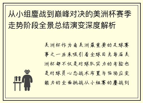 从小组鏖战到巅峰对决的美洲杯赛季走势阶段全景总结演变深度解析